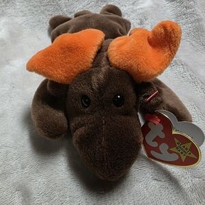 Ty 1993 Moose Plush Toy with Brown Body and Orange Ears